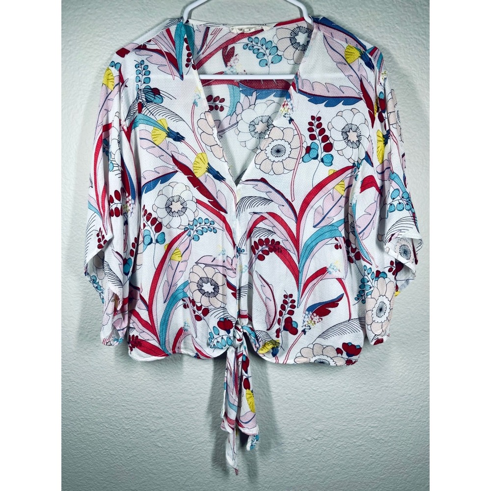 LOVESTITCH Boho Floral Tie Front Kimono Sleeve Cropped Blouse Top Sz small